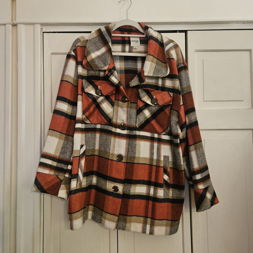 Kensie Jeans Size XL Plaid Shacket - Orange, Black, Tan